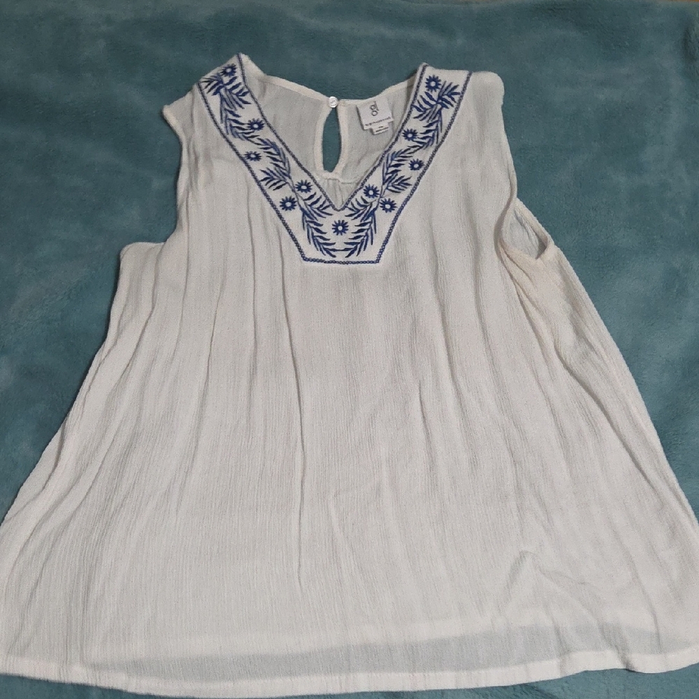White Sleeveless Blouse with Blue Embroidery